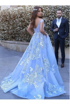 Ball Gown Lace Off-the-Shoulder Long Blue Prom Dresses Formal Evening Dresses 601023
