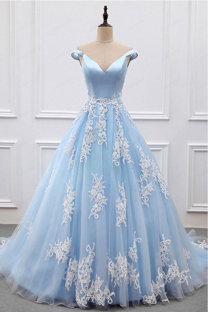 Ball Gown Lace Off-the-Shoulder Long Blue Prom Dresses Formal Evening Dresses 601023