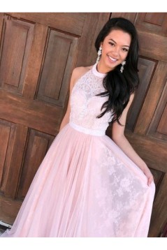 A-Line Halter Long Pink Lace Prom Dresses Formal Evening Dresses 601028