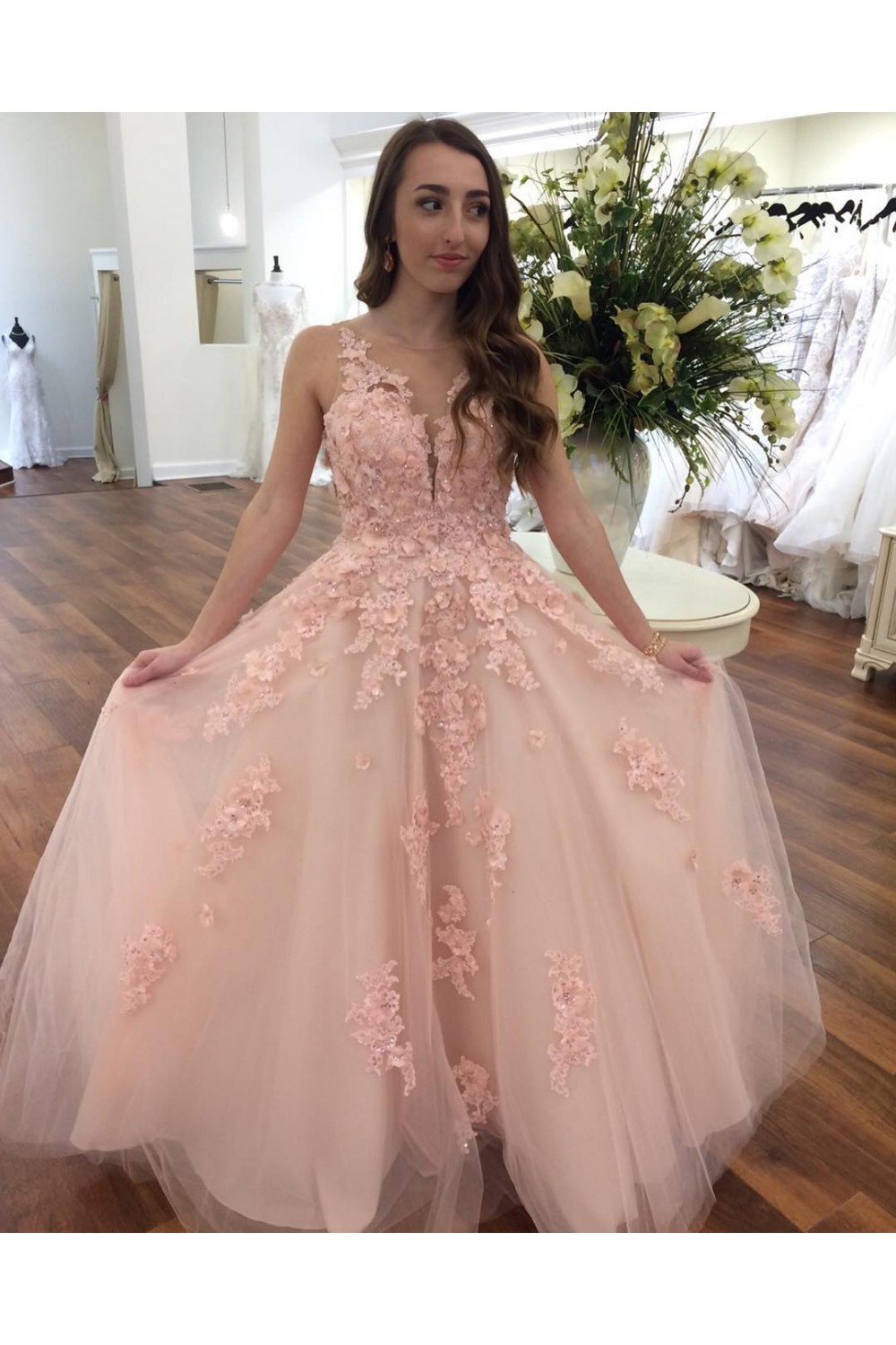 Long Pink Lace Tulle Prom Dresses Formal Evening Dresses 601032