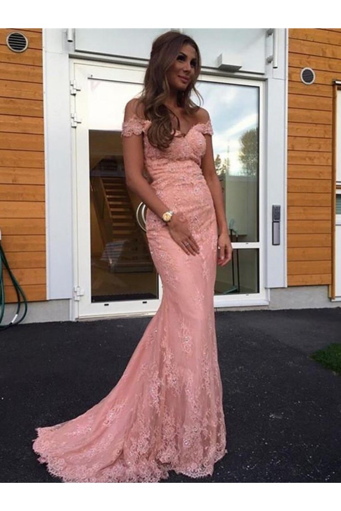 Mermaid Long Pink Lace Off-the-Shoulder Prom Dresses Formal Evening Dresses 601033