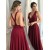 A-Line V-Neck Long Burgundy Prom Dresses Formal Evening Dresses 601042