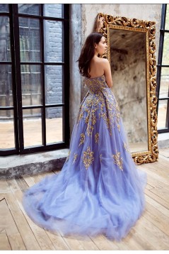 Ball Gown Tulle Gold Lace Appliques Long Prom Dresses Formal Evening Dresses 601044