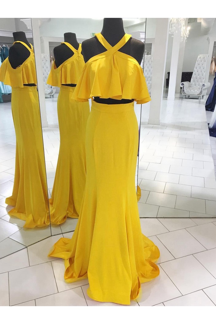 Mermaid Two Pieces Long Yellow Prom Dresses Formal Evening Dresses 601048
