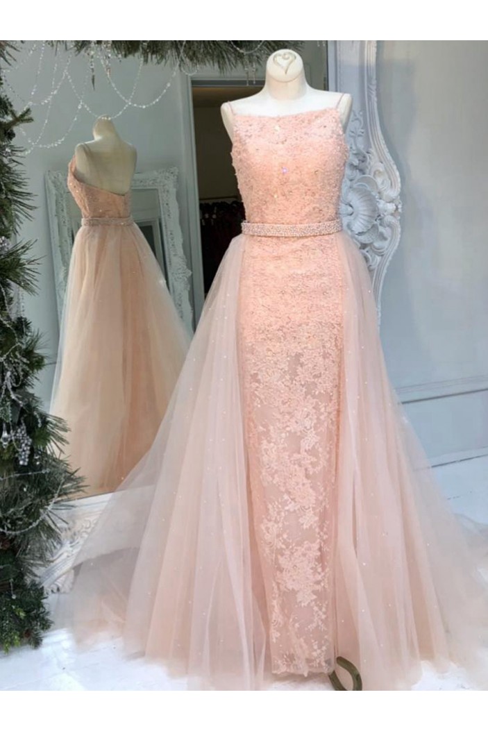 Long Pink Lace Tulle Prom Dresses Formal Evening Dresses 601049