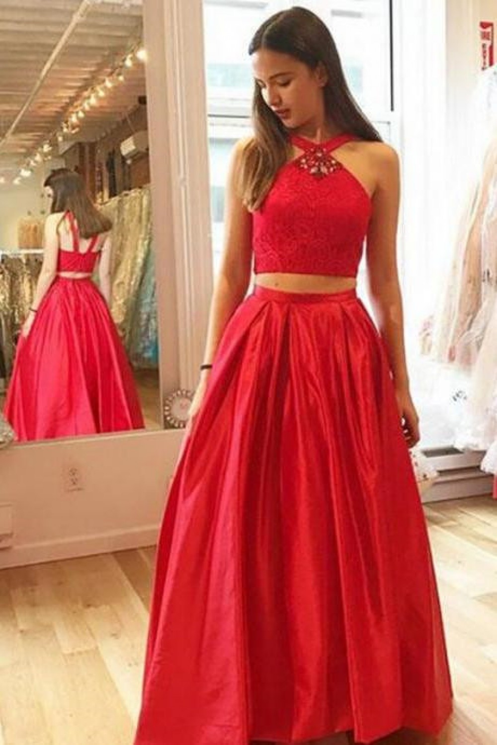 Long Red Two Pieces Prom Dresses Formal Evening Dresses 601053