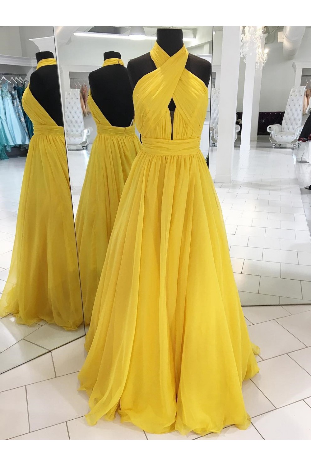 Long Yellow Halter Chiffon Prom Dresses Formal Evening Dresses 601056