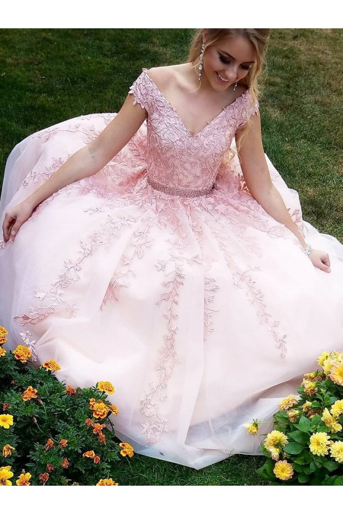 Long Pink V-Neck Lace Beaded Prom Dresses Formal Evening Dresses 601058
