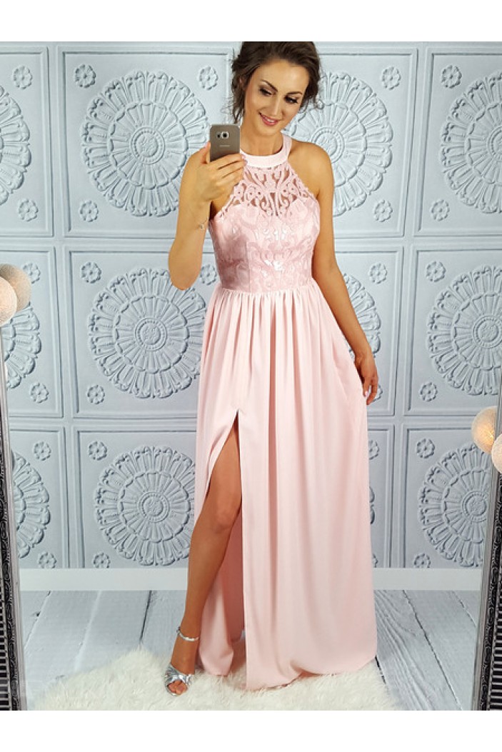 Long Pink Lace Chiffon Prom Dresses Formal Evening Dresses 601064