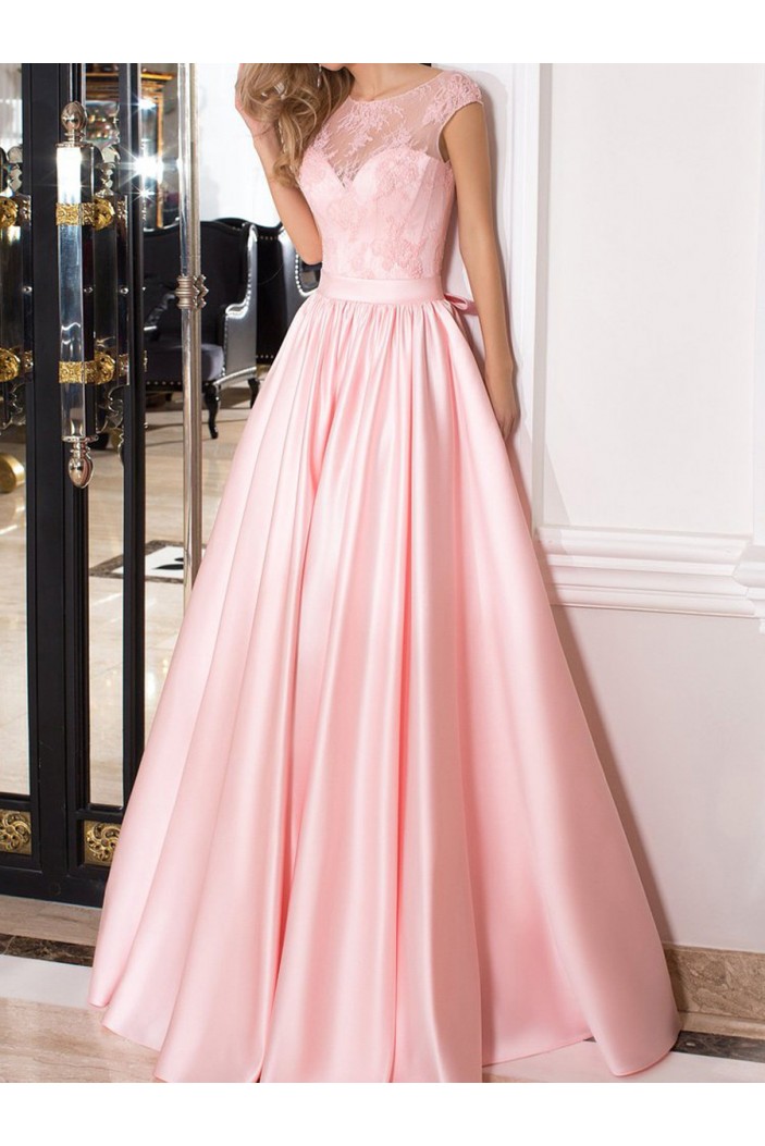 Long Pink Lace Satin Prom Dresses Formal Evening Dresses 601067