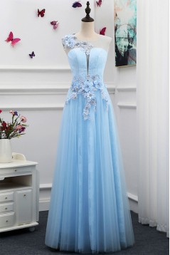 Long Blue Lace Tulle Prom Dresses Formal Evening Dresses 601072