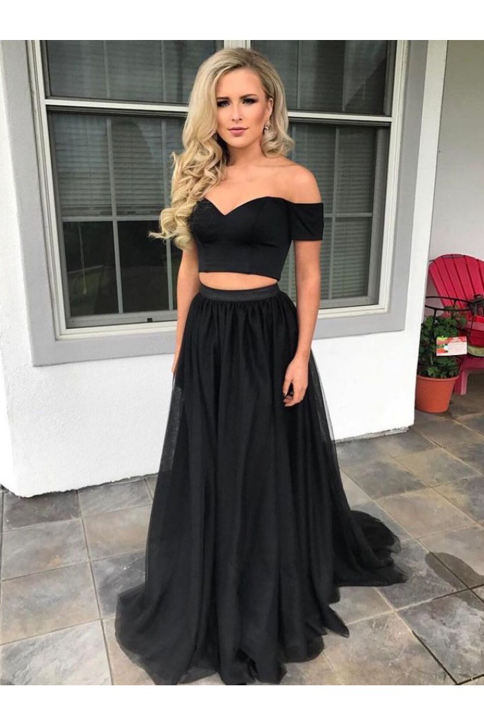 Two Pieces Long Black Off-the-Shoulder Prom Dresses Formal Evening Dresses 601076