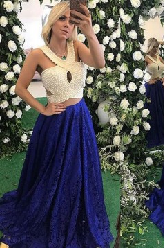 Beaded Lace Blue White Long Prom Dresses Formal Evening Dresses 601091