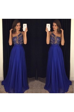 A-Line One-Shoulder Long Blue Beaded Lace Chiffon Prom Dresses Formal Evening Dresses 601092