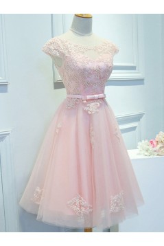 A-Line Short Pink Lace Appliques Prom Dresses Formal Evening Dresses 601099
