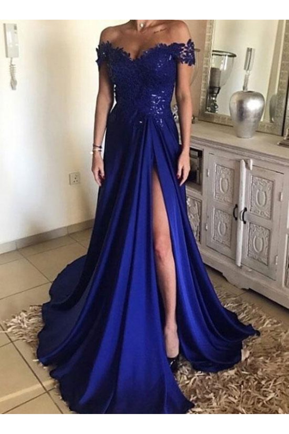 A-Line Long Blue Lace Off-the-Shoulder Prom Dresses Formal Evening
