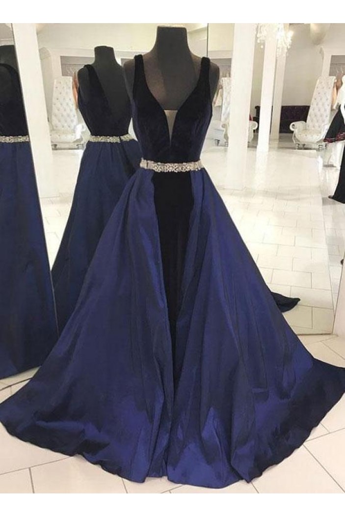 Long Blue V-Neck Beaded Prom Dresses Formal Evening Dresses 601110