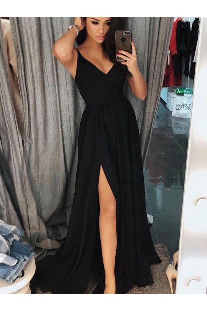Simple Stunning V-Neck Long Black Prom Dresses Formal Evening Dresses ...