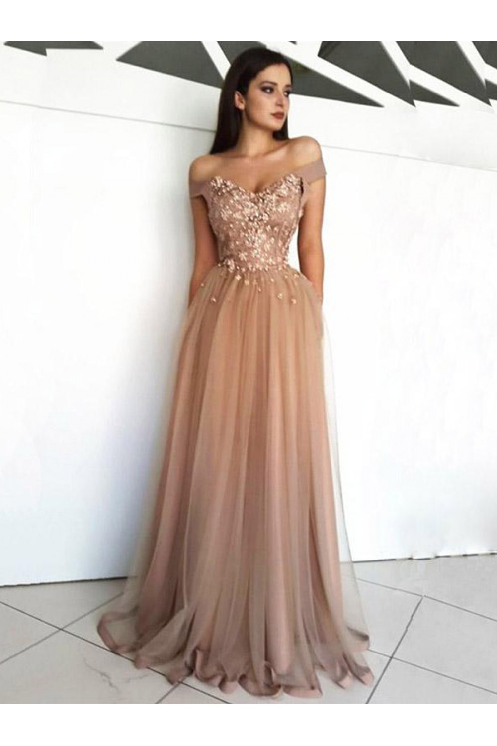 Elegant OfftheShoulder Beaded Lace Tulle Long Prom Dresses Formal