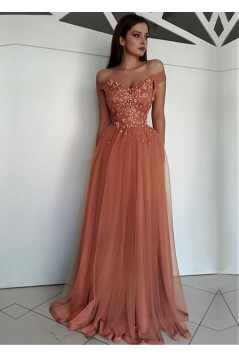Elegant Off-the-Shoulder Beaded Lace Tulle Long Prom Dresses Formal Evening Dresses 601126
