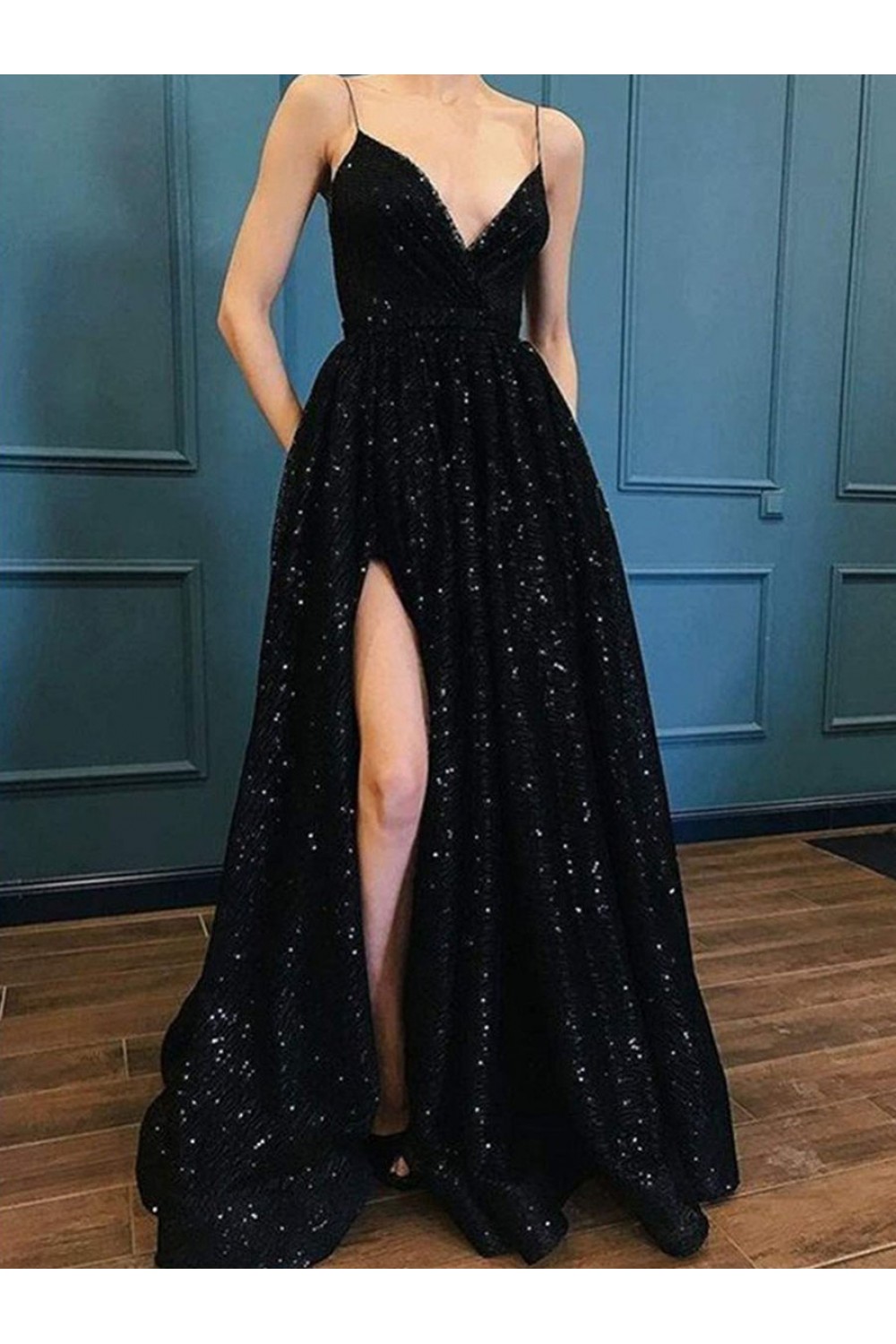 Spaghetti Strap Sparkle Long Black Prom Dresses Formal Evening Dresses