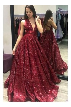 Sparkle Sequined Ball Gown V-Neck Long Prom Dresses Formal Evening Dresses 601141