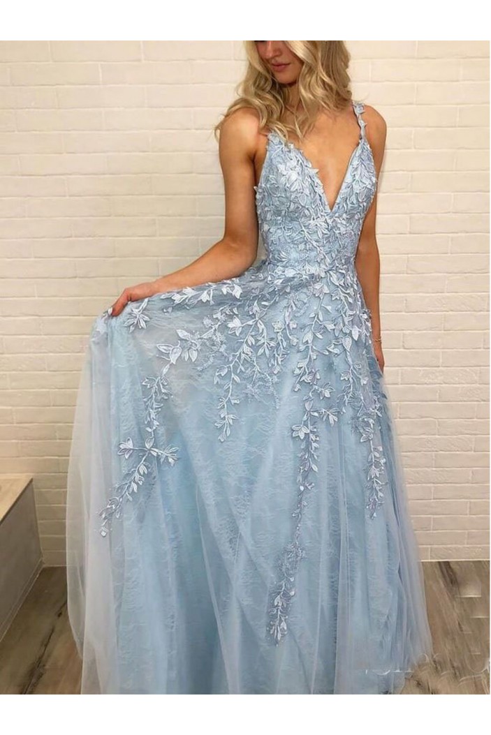 A-Line Lace Appliques V-Neck Long Prom Dresses Formal Evening Dresses 601142