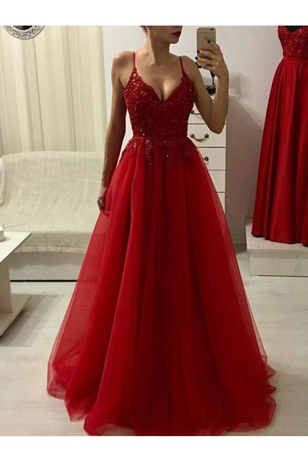 red v neck formal dress