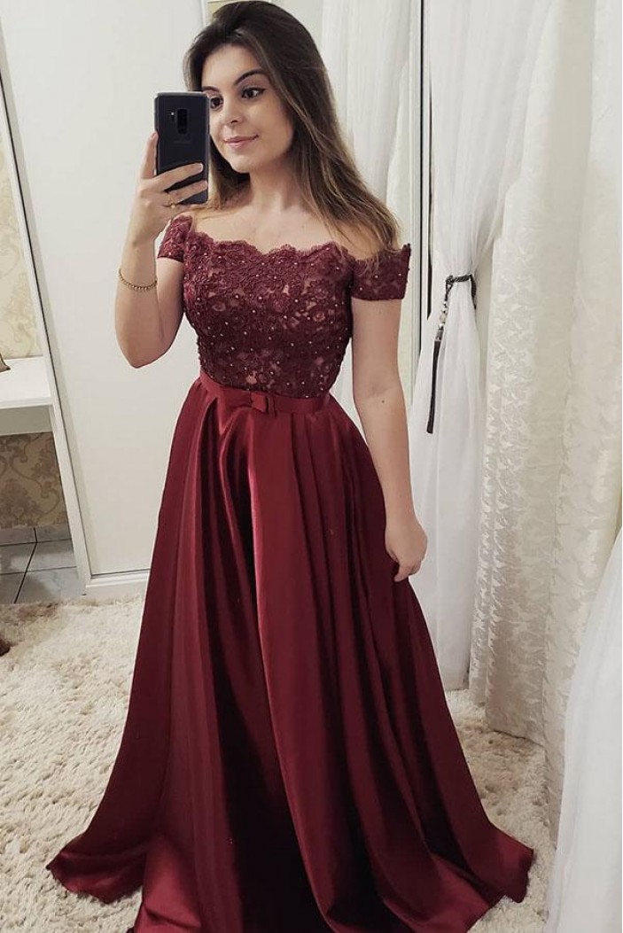 A-Line Off-the-Shoulder Beaded Lace Long Prom Dresses Formal Evening Dresses 601156