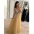 A-Line Beaded Tulle V-Neck Long Prom Dresses Formal Evening Dresses 601179
