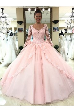 Ball Gown Long Sleeves Lace Long Prom Dresses Formal Evening Dresses 601203