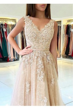 A-Line V-Neck Lace Long Prom Dresses Formal Evening Dresses 601229