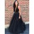 A-Line V-Neck Beaded Black Long Prom Dresses Formal Evening Dresses 601241