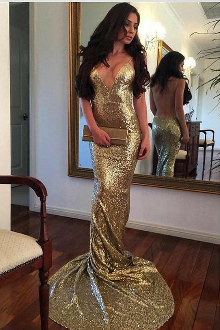 Sexy Mermaid V-Neck Sequins Long Prom Dresses Formal Evening Dresses 601242