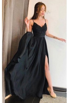 A-Line Spaghetti Straps Lace Long Black Prom Dresses Formal Evening Dresses 601285