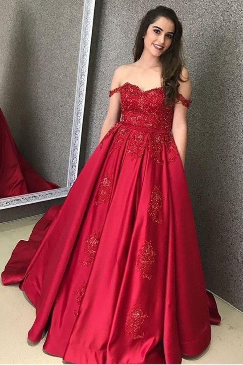 Ball Gown Off-the-Shoulder Beaded Lace Long Prom Dresses Formal Evening ...