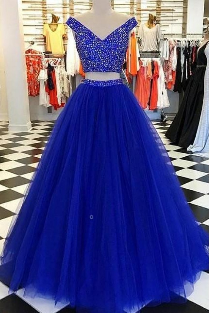 Beaded Tulle Two Pieces Long Prom Dresses Formal Evening Dresses 601291