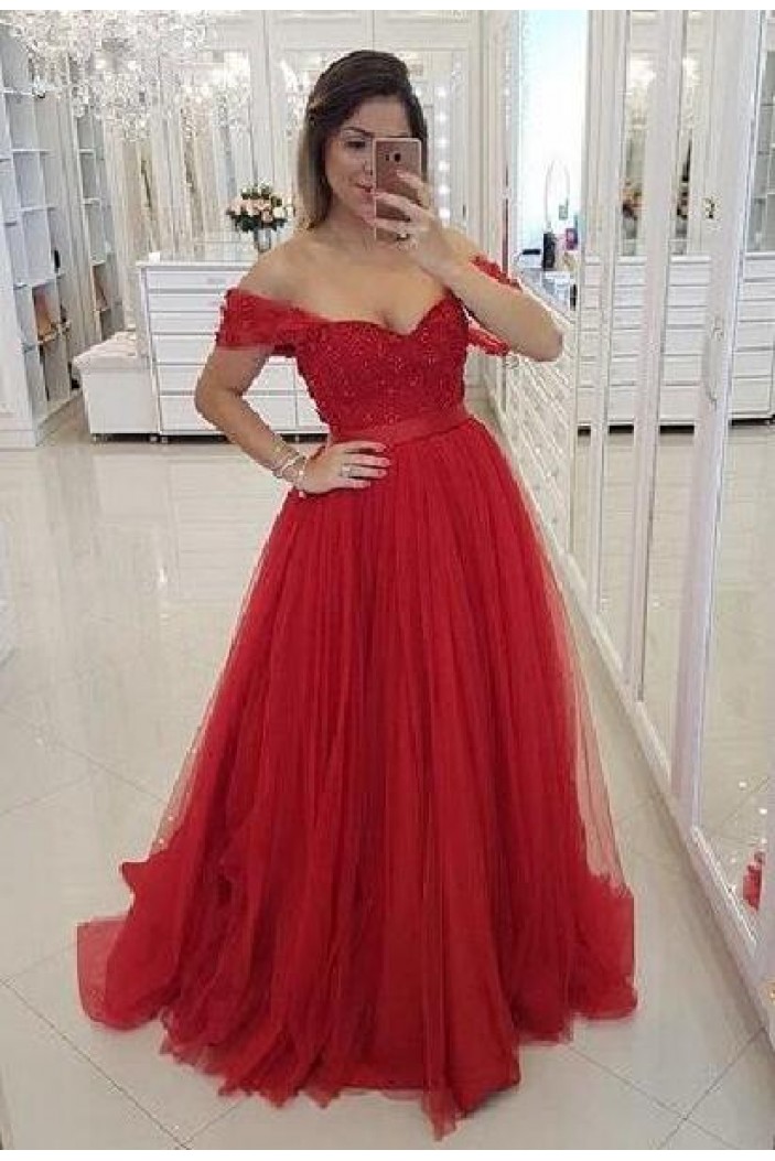 Beaded Lace Tulle Long Prom Dresses Formal Evening Dresses 601295