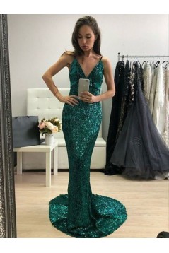 Sexy Backless Mermaid Sequins Spaghetti Straps Long Prom Dresses Formal Evening Dresses 601309