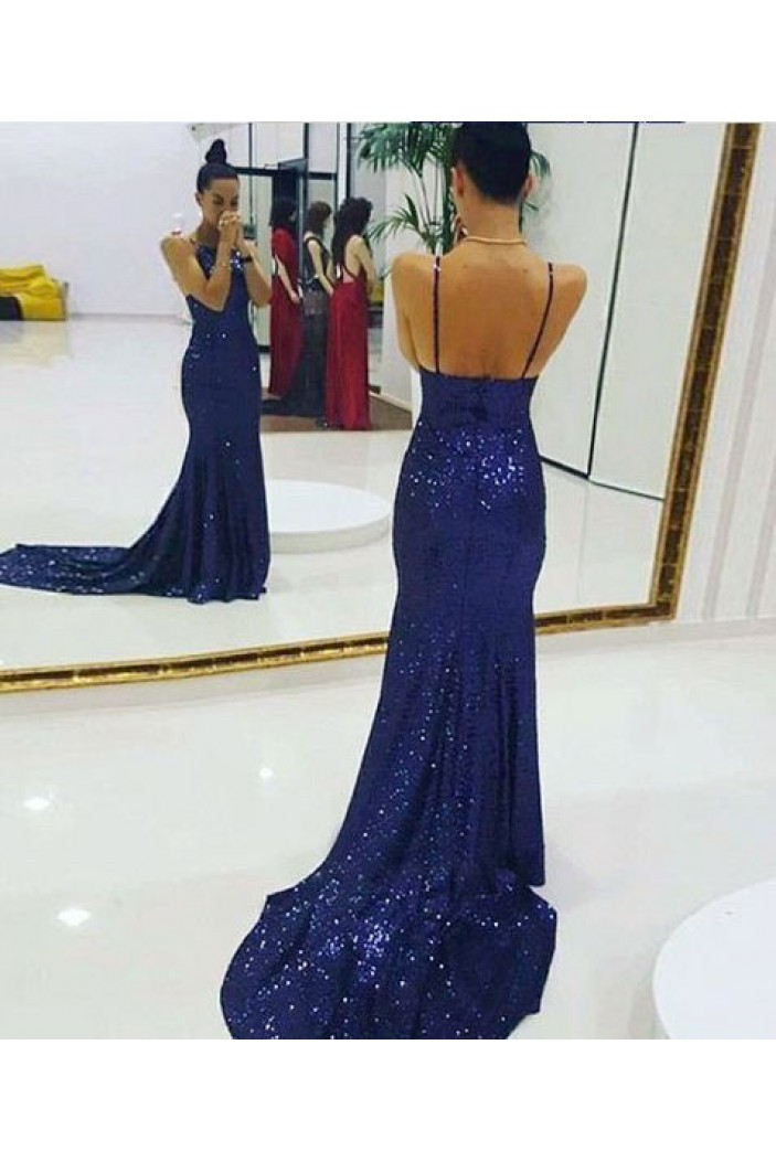 Sexy Mermaid Sequins Spaghetti Straps Long Prom Dresses Formal Evening Dresses 601310