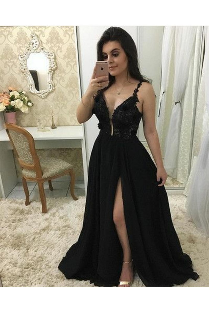 A-Line Beaded Lace Chiffon Long Black Prom Dresses Formal Evening Dresses 601322