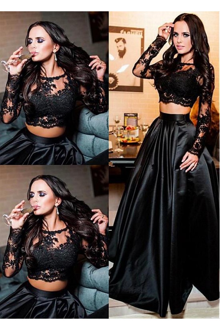 A-Line Lace Long Sleeves Two Pieces Long Prom Dresses Formal Evening Dresses 601343