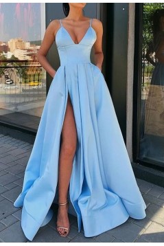 A-line Spaghetti Straps Side Slit Long Prom Dresses Evening Gowns 601379