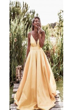 Sexy A-Line Spaghetti Straps V-neck Long Prom Dresses Formal Evening Gowns 601380