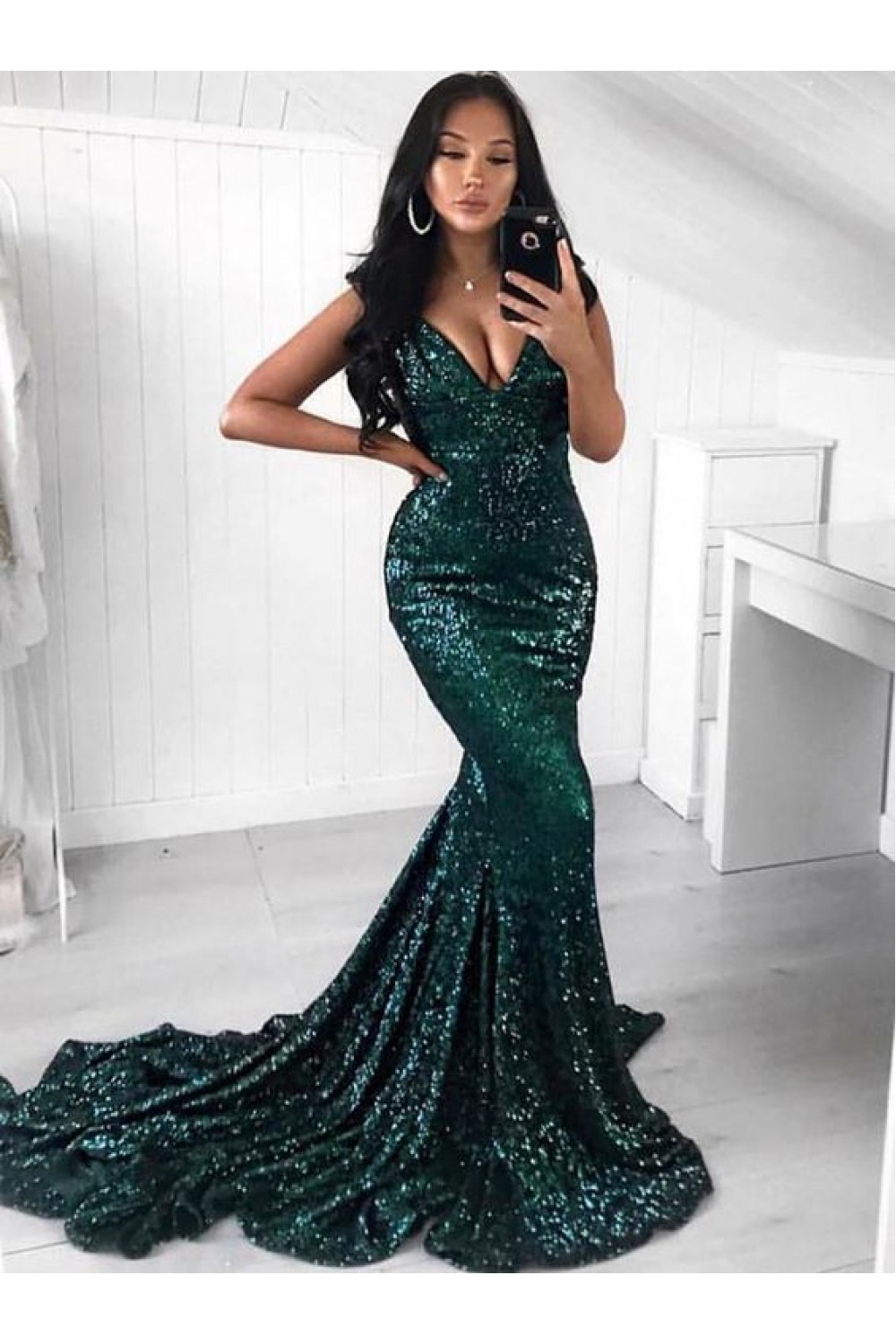 Mermaid V-Neck Sparkling Long Prom Dress Formal Evening Dresses 601408