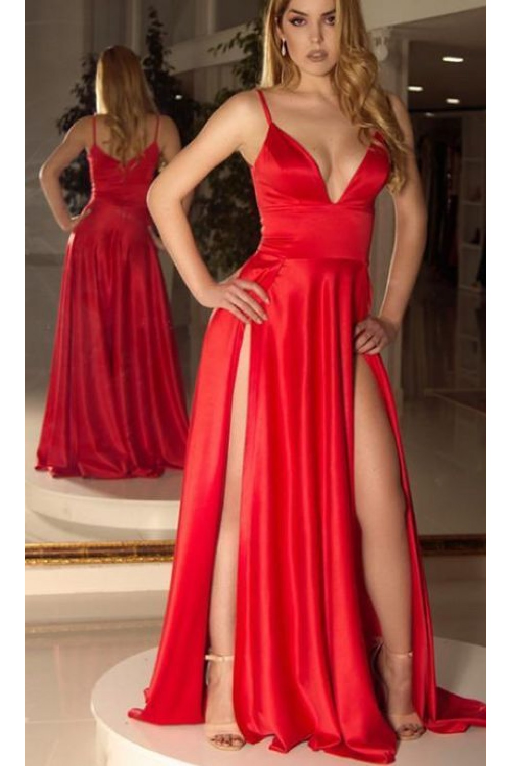 Sexy Long Red V-Neck Spaghetti Straps Prom Dress Formal Evening Dresses