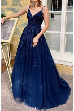 A-Line V-Neck Lace Appliques Long Prom Dress Formal Evening Dresses 601419