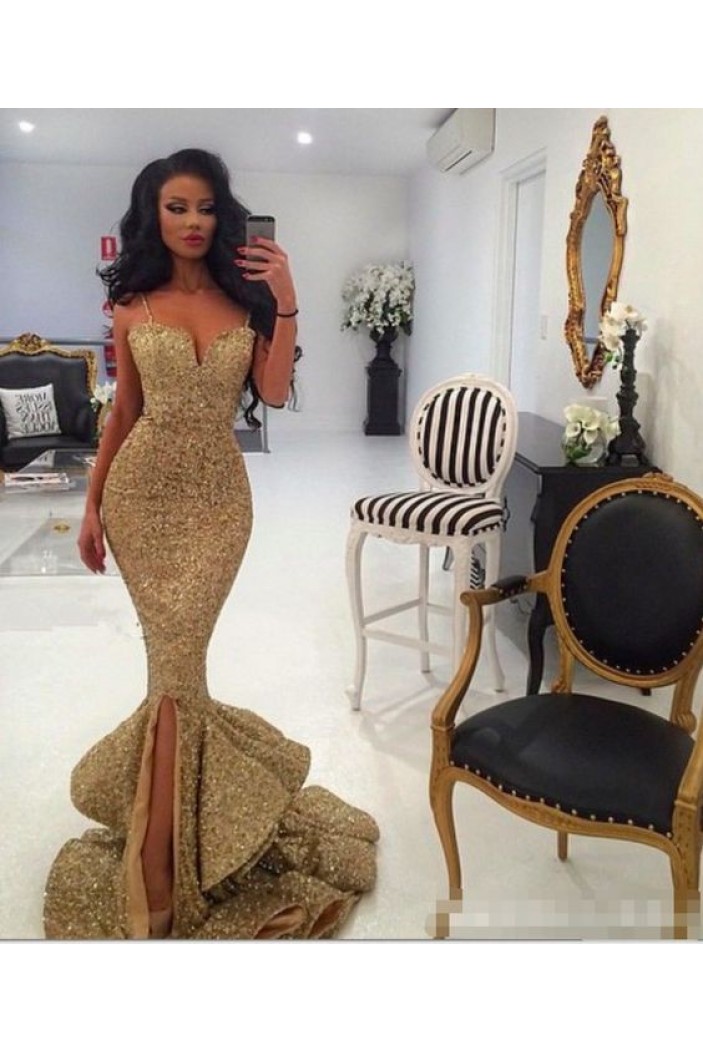 Mermaid Spaghetti Straps Sparkling Long Prom Dress Formal Evening Dresses 601431