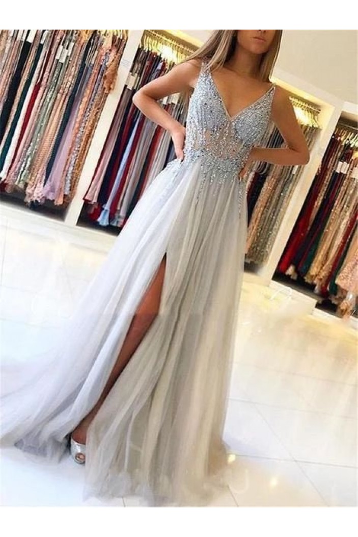 A-Line Beaded V-Neck Tulle Long Prom Dress Formal Evening Dresses 601440