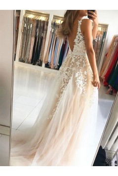 A-Line V-Neck Lace Appliques Long Prom Dress Formal Evening Dresses 601446